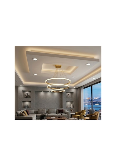 3 Lü Çember Eskitme Modern Avize Beyaz Işık Salon & Yemek Masası Sarkıt Aydınlatma 45-38-27 Cm Altın