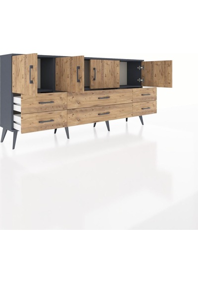 Arges Konsol 3 Raflı 6 Çekmeceli 4 Kapaklı 176x30x83 Antrasit-çam/çam Çam/çam Arges Konsol 3 Raflı 6 Çekmeceli 4 Kapaklı 176x30x83 Antrasit-çam/çam Çam/çam