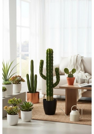 Yapay Çiçek Kaktüs Siyah Saksıda 3kollu 87 30cm Cactüs Yeşil