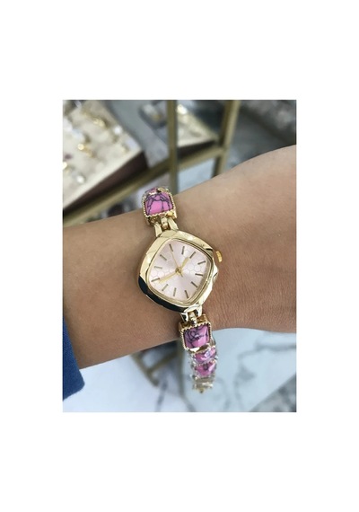 Pembe Desenli Boncuk Detaylı Kadın Saat Altın