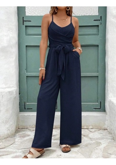 Defymoda Kadın Ip Askılı V Yakalı Belden Kuşaklı Uzun Aerobin Tulum Lacivert