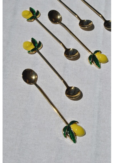 6 Adet Limonlu Gold Çay Kaşığı Sunum Limon Dekorlu Çay Kaşık