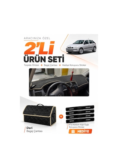 Seat Ibıza 1998-2001 Uyumlu Torpido Örtüsü + Deri Bagaj Çantası + Sticker Seti - Siyah Bej