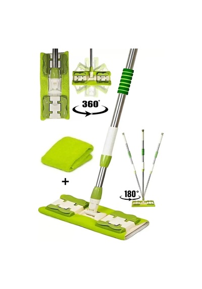 Mikrofiber Mandallı Mop Teleskopik Saplı Set + Yedek Bezli Yeşil