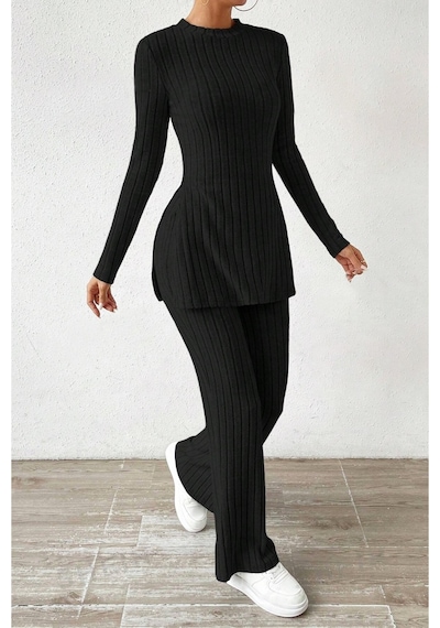 Bella Notte Pamuklu Siyah Yırtmaçlı Kışlık Uzun Pijama Takımı