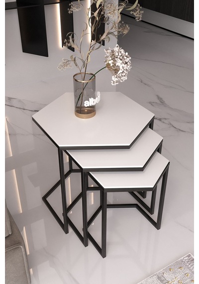Usta Mekan Altıgen Siyah Metal Beyaz Mdf Tablalı 3lü Zigon Sehpa 6gen - Beyaz