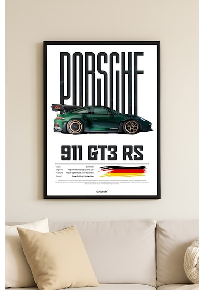 Porsche 911 Gt3 Rs Araba Siyah Ahşap Çerçeveli Poster, Dekoratif Duvar Tablosu