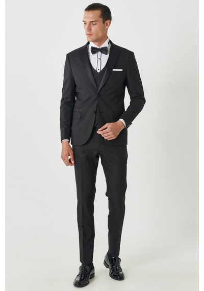 Ac&Co / Altınyıldız Classics Slim Fit Dar Kesim Mono Yaka Desenli Yelekli Smokin Takım Siyah