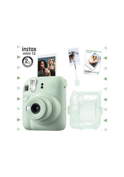 Fujifilm Instax Mini 12 Fotoğraf Makinesi + 10'lu Film + Kıskaçlı Resim Standı + Simli Pleksi Kılıf Seti Yeşil