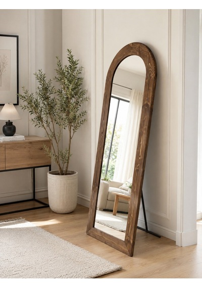 Doğal Ahşap Çerçeveli 180x60 Cm Ceviz Oval Ayaklı Boy Aynası