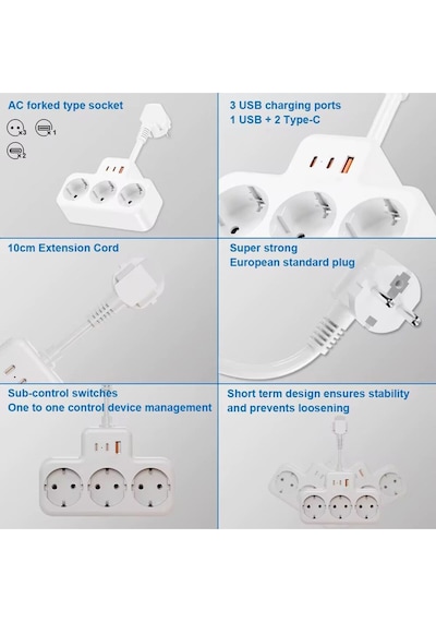 Çoklu Kablolu Priz Yüksek Gerilim Korumalı 3'lü Priz 1x Usb 2x Type-c Çıkışlı Grup Priz Çoğaltıcı 2 M