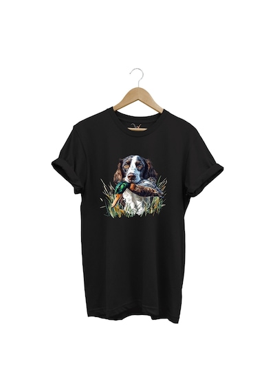 Avcılık Av Köpeği Ve Ördek Baskılı %100 Pamuk Regular Fit Bisiklet Yaka Premium Siyah T-shirt Siyah