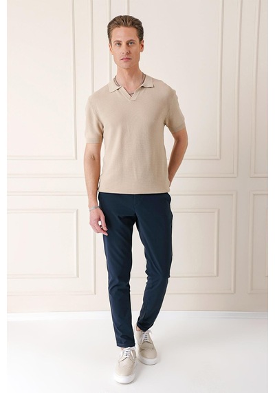 Efor Slim Fit Polo Yaka Kısa Kol %100 Pamuk Bej Triko Tr 868 Bej