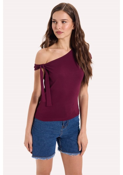 Tudors Kadın Slim Fit Dar Kesim Kısa Kollu Kayık Yaka Bordo Bluz-50537