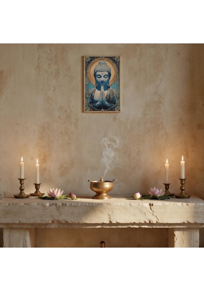 Mavi Buddha Meditasyon Ahşap Tablo - Aydınlanma Ve İçsel Huzur Dekoru - 16x25 Cm Özel Baskı Spiritüel Sanat