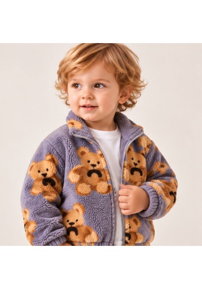 Maxx Kelın Erkek Bebek Ayıcık Desenli Peluş Mont Ve Pantolon 2'li Takım Lila Taba 9-12-18 Ay