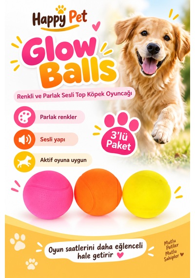 Happy Pet Glow Balls Renkli Ve Parlak Sesli Top Köpek Oyuncağı 3'lü Paket