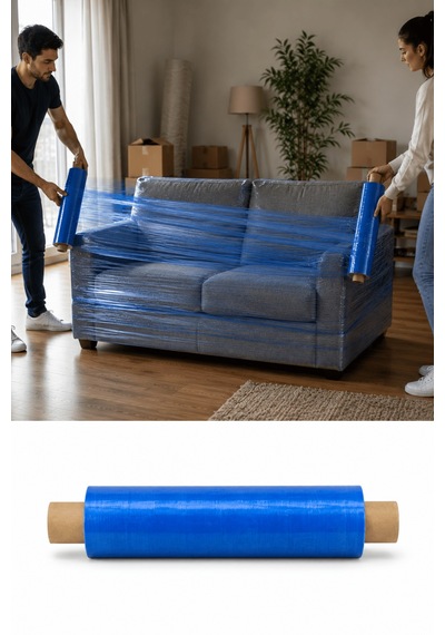 El Tipi Mavi Streç Film Mobilya Eşya Koli Palet Paket Taşıma Sarma Koruma 40 Cm X 300 M 18 Mikron
