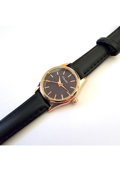 Retro Kadın Kol Saati, Vintage Minimal, Rose Gold Renk, Çizgili Kadran, Koyukahverengi Kordon Rose Gold Siyah Kordon Altın