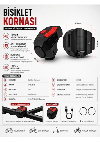 120 Db Usb Type-c Şarjlı Bisiklet Kornası Ve Anti Hırsızlık Alarmı Elektrikli Bisiklet Zili Scooter, Mtb Ve Yol Bisikleti Uyumlu 200mah Batarya Siyah