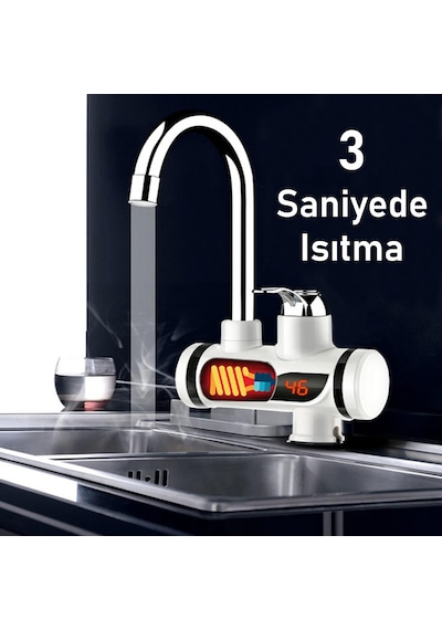 Valkyrie Ani Su Isıtıcılı Musluk Elektrikli Şofben Musluk Dijital Göstergeli 3000w Gümüş