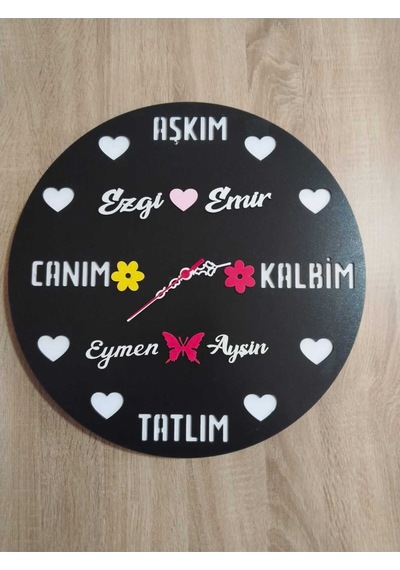 Sevgili-aşk-saadet-mutluluk Kişiye Özel İsim Yazılı Duvar Saati Siyah