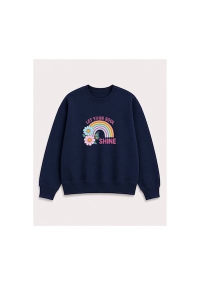 Herkesemoda Gökkuşağı Baskılı 2 İplik Şardonlu Bisiklet Yaka Sweatshirt Lacivert