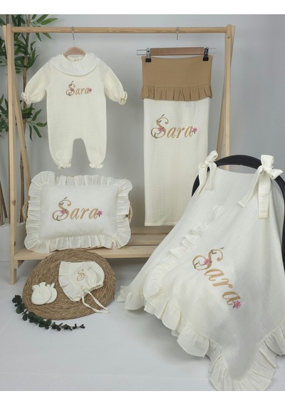 Gros Shop Müslin Yeni Doğan 4katlı Organik %100pamuk Kişiye Özgü Nakışlı Hastane Çıkış Seti Papatya Model-13 Ekru-1