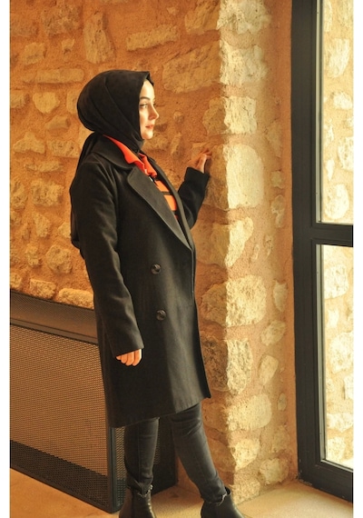 Tesettürcüm Boutique Kruvaze Kaşe Kaban Siyah