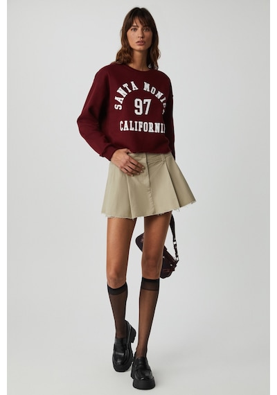 Grımelange Jaelyn Kadın Uzun Kollu Yuvarlak Yaka Önü Baskılı Düşük Omuz Kısa Bordo Sweatshirt Bordo