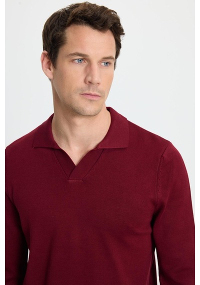 Tudors Erkek Standart Fit Normal Kesim Polo V Yaka Bordo Triko Kazak-35697 Bordo