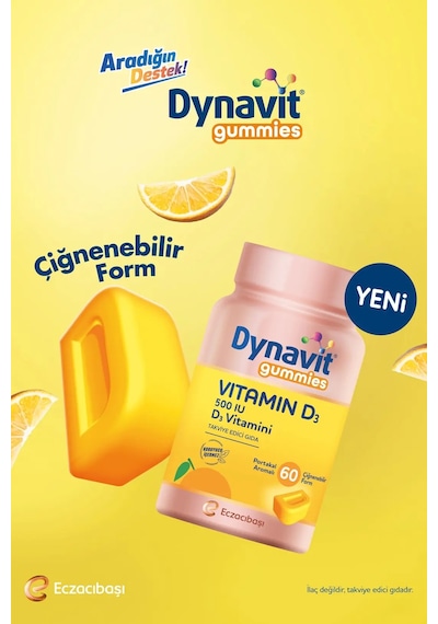 Dynavit Gummies Vitamin D3 60 Çiğnenebilir Form - Aile Boyu Kullanım D Vitamini Kas & Kemik & Bağışıklık