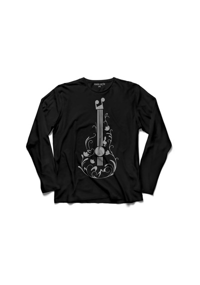 Gitar Çizim Tasarım Nota Müzik Sol Anahtarı Uzun Kollu Tişört (512925885)