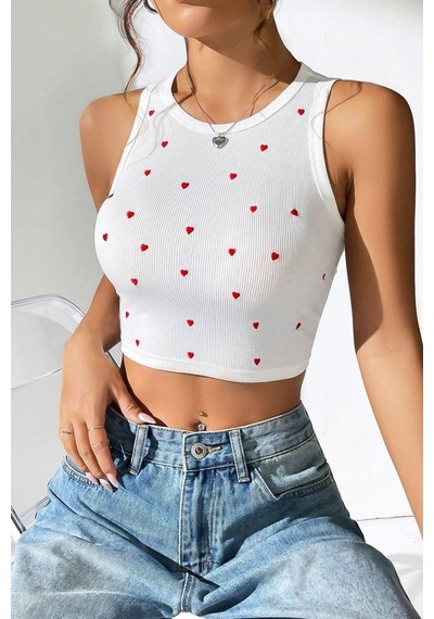 Bella Notte Mini Kalp Baskılı Model Crop Beyaz