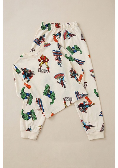 Zuzunga Süper Kahramanlar Desenli  Pamuk Beyaz Erkek Çocuk Pijama Takımı