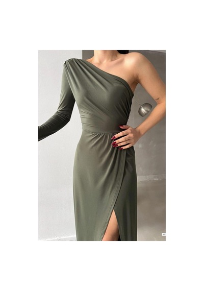 DefyModa Kadın Saten Kumaş Tek Omuz Dekolteli Maxi Abiye Elbise Haki