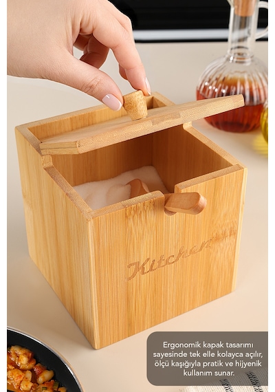 Kaşıklı Bambu Baharat Kutusu - Bambu Kapaklı Tuz Kabı Tuzluk Baharatlık Kutu 12x12 Cm Bej