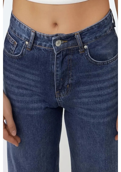 Hiccup Yüksek Bel Straight Kot Pantolon Orta Mavi Denim