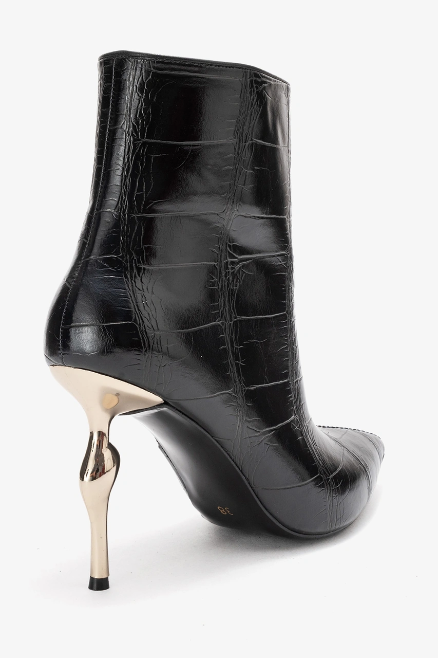 Luvishoes Luvi Shoes Crısta Siyah Baskı Sivri Burunlu Kadın Topuklu Bot Siyah Kroko