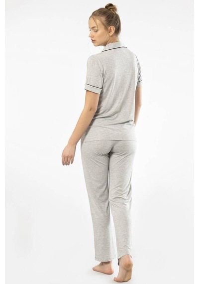 Düz Kısa Kollu Gömlek Yaka Pijama Takım 001