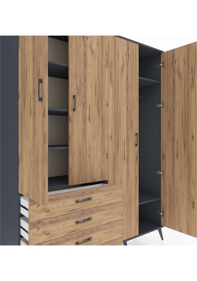 Hyperion Gardrop 6 Raflı 4 Çekmeceli Tek Askılı 176x44x221 Antrasit-çam Çam