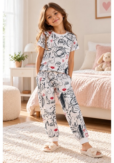 Luess Çocuk Baskılı %100 Pamuk Suprem Pijama Takımı-Beyaz