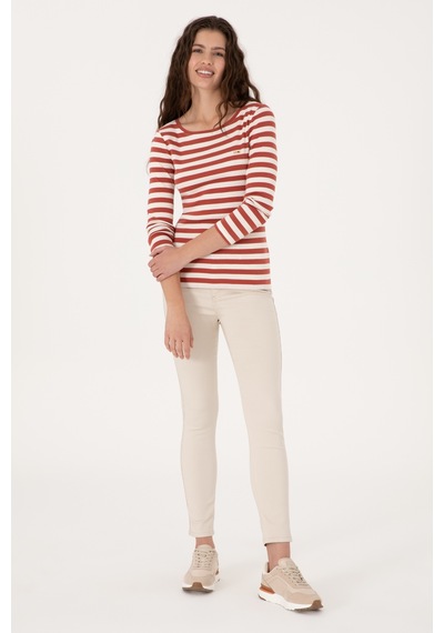 U.S. Polo Assn. Kadın Kiremit Çizgili Bisiklet Yaka Sweatshırt 50314203-VR026