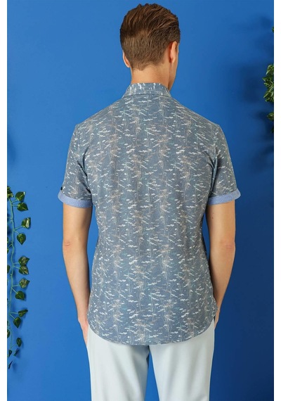 Efor Slim Fit Düğmeli Yaka Desenli Kısa Kol Pamuk Mavi Gömlek G 1499 Mavi