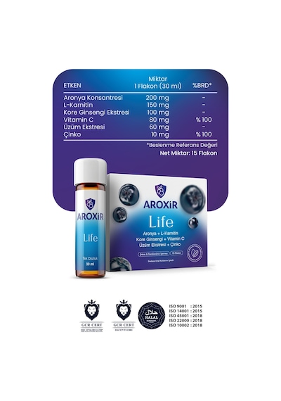 Aroxir Life Bağışıklık ve Enerji Desteği Aronya L-Karnitin Kore Ginsengi Vitamin C Üzüm Ekstresi ve Çinko 30 x 30 ML