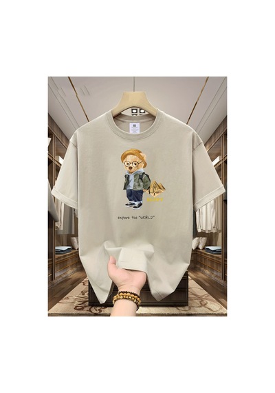Caddemia Yaz Moda Eğlence Spor Gevşek Seyahat Ayı Karikatür Desen Baskılı Yuvarlak Bej 2XL