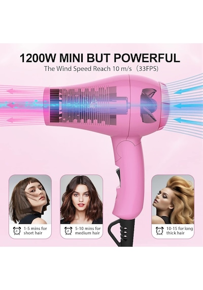 Taşınabilir Seyahat Saç Kurutma Makinesi, Mini Hafif, Çift Voltajlı Fön Makinesi, 1200 W, Katlanır Saplı, Tek Yo