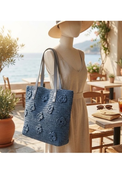 Myballistore Kağıt İpten El Örgüsü Mavi Çiçekli Çanta