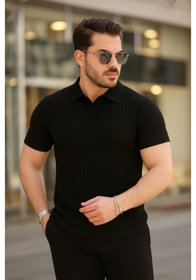 Veraura Lifestyle Erkek Kısa Kollu Yakalı Çizgi Desenli Triko Bluz Siyah
