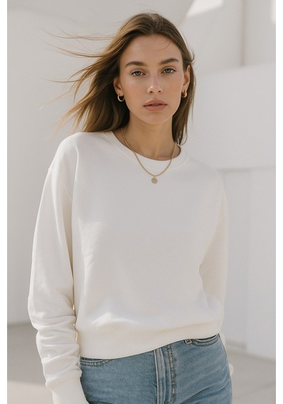 Kadın Ekru Pamuklu İnterlock Oversize Sweatshirt Ekru